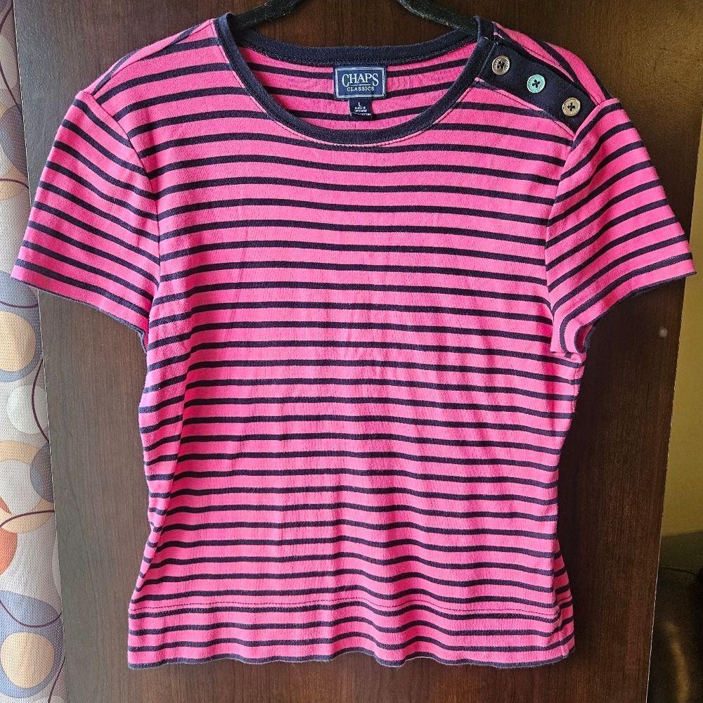 Chaps Pink and Dark Navy Striped T-Shirt Size Large
